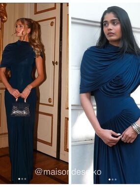 NWT Deme by Gabriella Maxi Dress Navy Blue Bloom Draped Wedding Guest size M